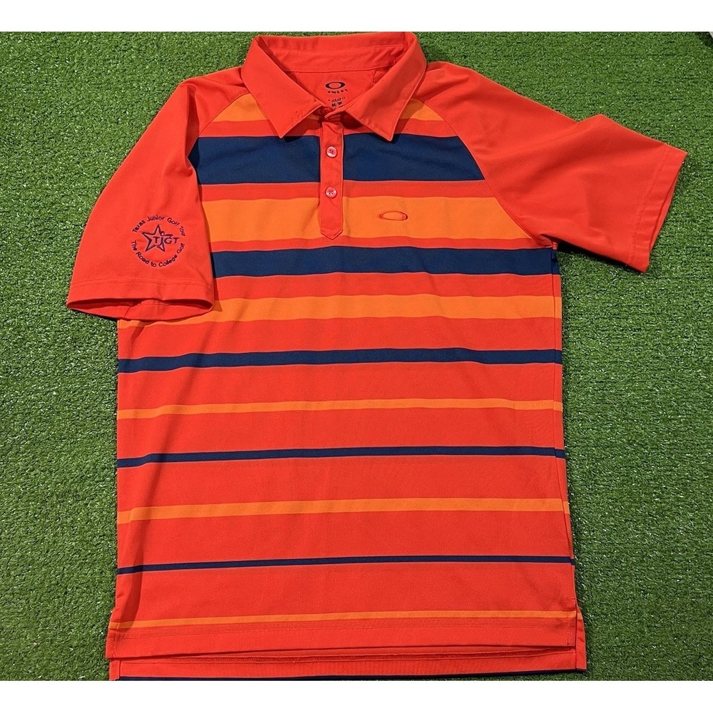 Oakley Golf Polo Med. Orange Blue Striped Y2K Performance Shirt TJGT Chest Logo